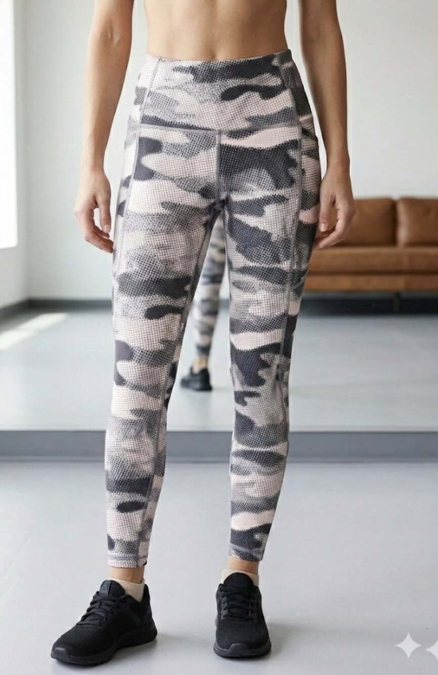 XERSION XS Women's High-Rise 7/8 Ankle Leggings Grey Pink Camo Mesh Print